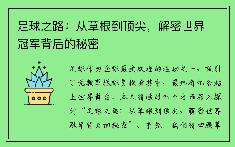 足球之路：从草根到顶尖，解密世界冠军背后的秘密